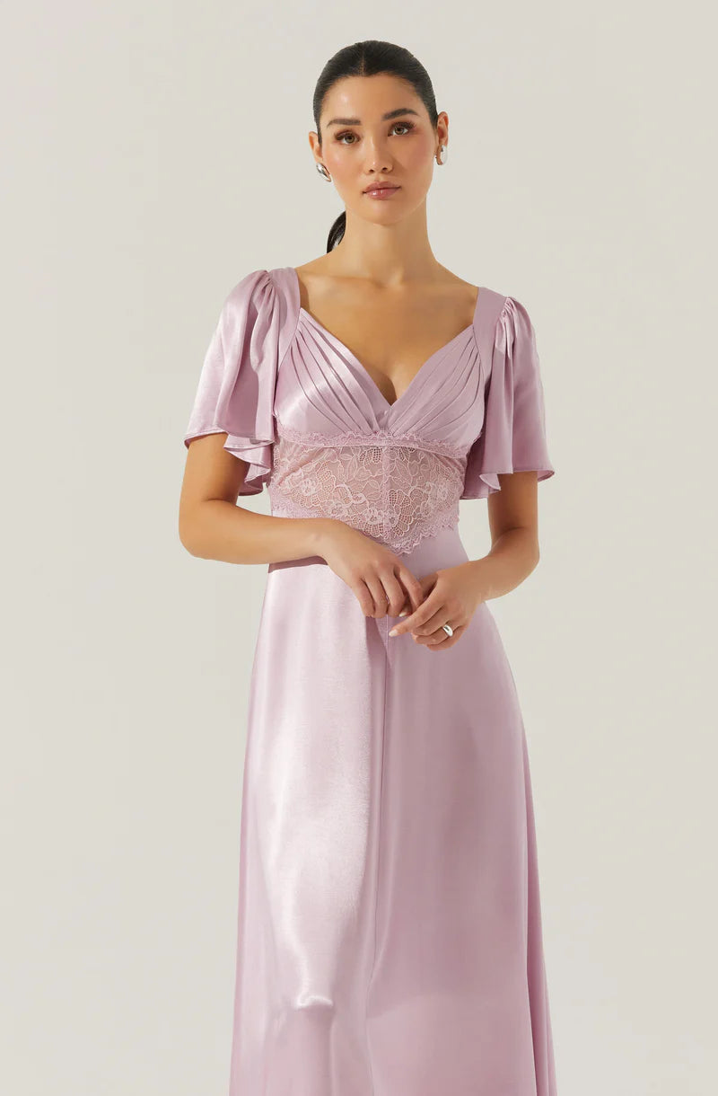 Elegant Satin A-Line Flutter-Sleeve Lace-Inset Back-Zip Midi Evening Dresses