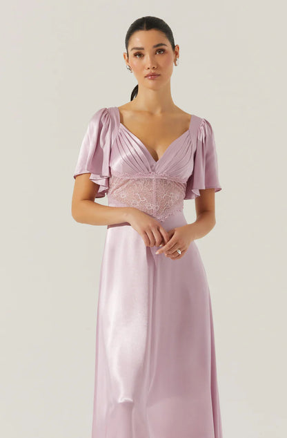 Elegant Satin A-Line Flutter-Sleeve Lace-Inset Back-Zip Midi Evening Dresses