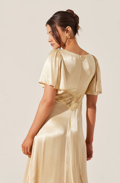 Elegant Satin A-Line Flutter-Sleeve Lace-Inset Back-Zip Midi Evening Dresses