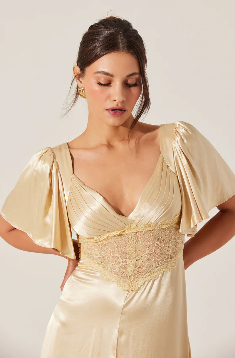 Elegant Satin A-Line Flutter-Sleeve Lace-Inset Back-Zip Midi Evening Dresses