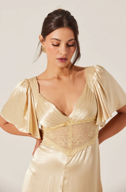 Elegant Satin A-Line Flutter-Sleeve Lace-Inset Back-Zip Midi Evening Dresses