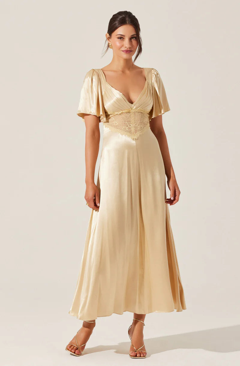 Elegant Satin A-Line Flutter-Sleeve Lace-Inset Back-Zip Midi Evening Dresses