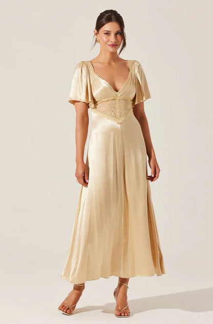 Elegant Satin A-Line Flutter-Sleeve Lace-Inset Back-Zip Midi Evening Dresses