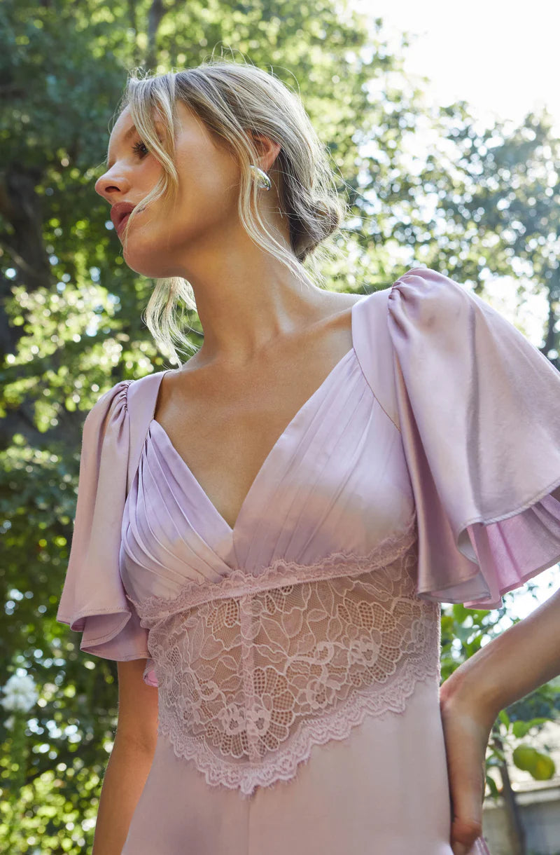 Elegant Satin A-Line Flutter-Sleeve Lace-Inset Back-Zip Midi Evening Dresses