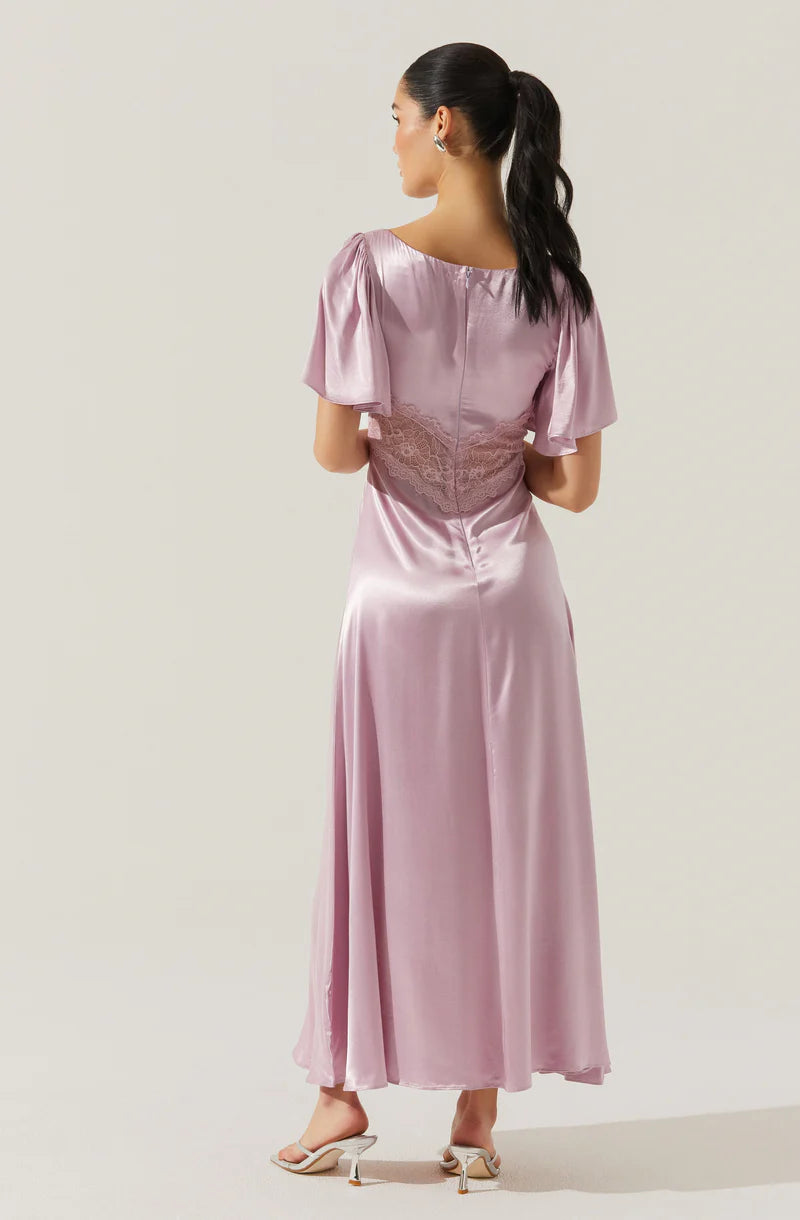 Elegant Satin A-Line Flutter-Sleeve Lace-Inset Back-Zip Midi Evening Dresses