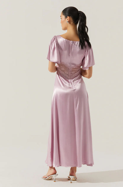 Elegant Satin A-Line Flutter-Sleeve Lace-Inset Back-Zip Midi Evening Dresses