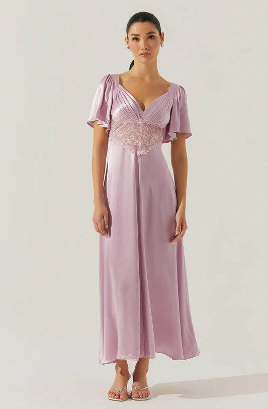 Elegant Satin A-Line Flutter-Sleeve Lace-Inset Back-Zip Midi Evening Dresses