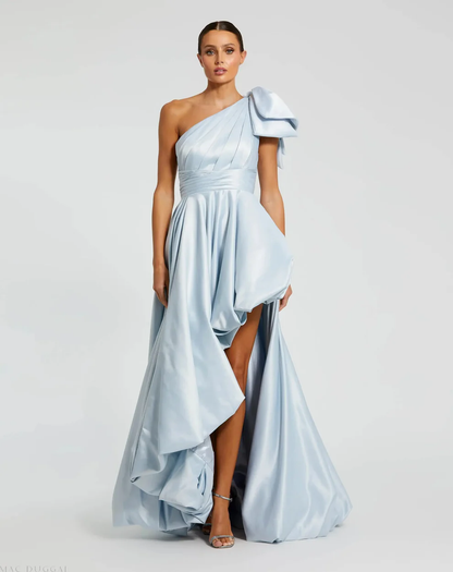 Elegant Satin A-Line One-Shoulder Bow Detail Sleeveless High Slit Floor-Length Evening Dress for Formal Events