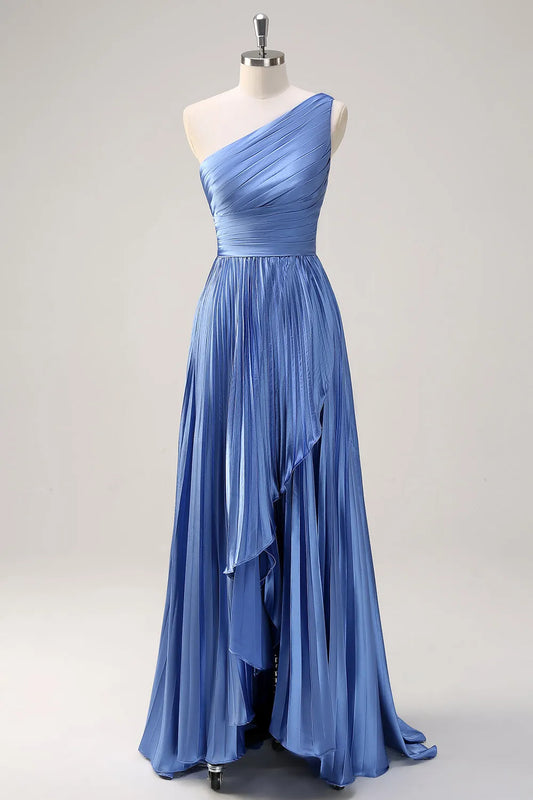 Elegant Satin A-Line One-Shoulder Ruched Detail Sleeveless Zipper Back Floor-Length Formal Evening Dresses