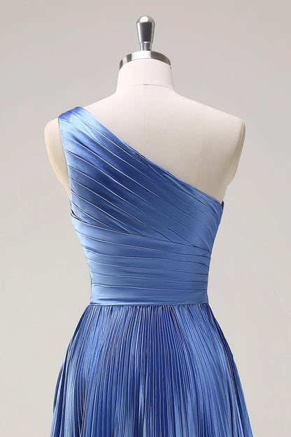 Elegant Satin A-Line One-Shoulder Ruched Detail Sleeveless Zipper Back Floor-Length Formal Evening Dresses