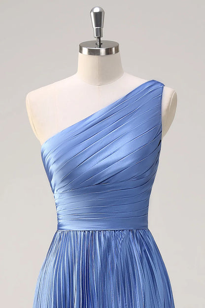 Elegant Satin A-Line One-Shoulder Ruched Detail Sleeveless Zipper Back Floor-Length Formal Evening Dresses