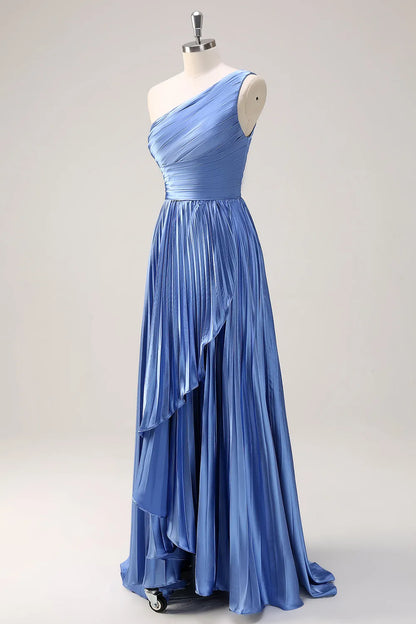 Elegant Satin A-Line One-Shoulder Ruched Detail Sleeveless Zipper Back Floor-Length Formal Evening Dresses