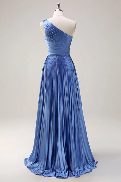 Elegant Satin A-Line One-Shoulder Ruched Detail Sleeveless Zipper Back Floor-Length Formal Evening Dresses