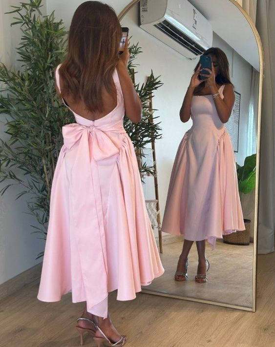 Elegant Satin A-Line Square-Neck Bow-Back Asymmetrical Midi Prom Dress