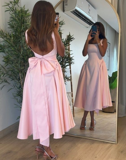 Elegant Satin A-Line Square-Neck Bow-Back Asymmetrical Midi Prom Dress