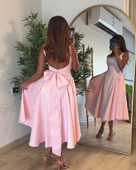 Elegant Satin A-Line Square-Neck Bow-Back Midi Prom Dress