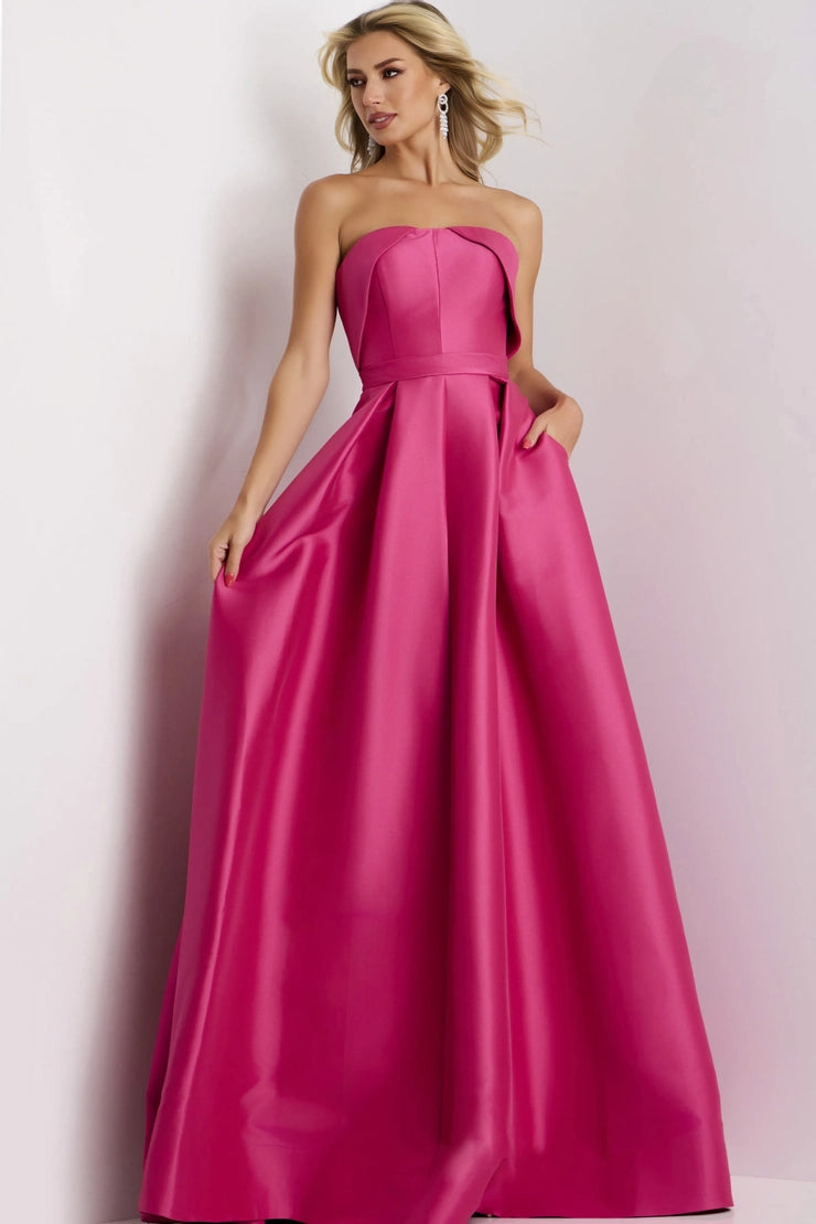 Elegant Satin A-Line Strapless Structured Bodice Pocket Floor Length Formal Evening Dress