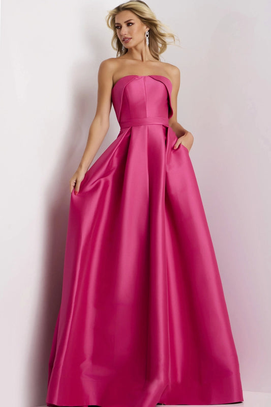 Elegant Satin A-Line Strapless Structured Bodice Pocket Floor Length Formal Evening Dress