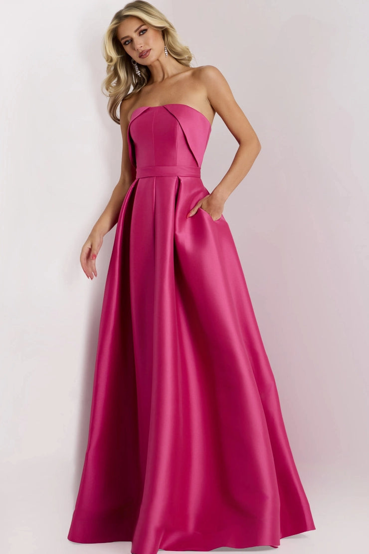 Elegant Satin A-Line Strapless Structured Bodice Pocket Floor Length Formal Evening Dress