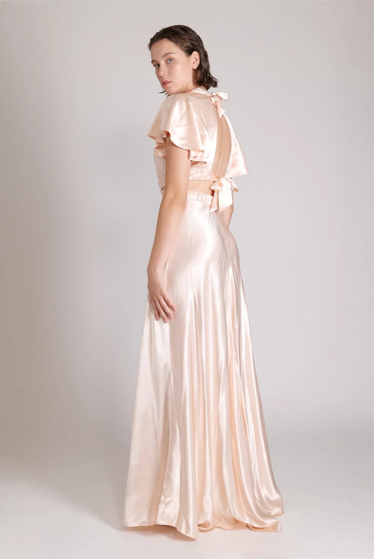 Elegant Satin A line High Neck Flutter Sleeve Back Bow Cutout Floor Length Evening Dress