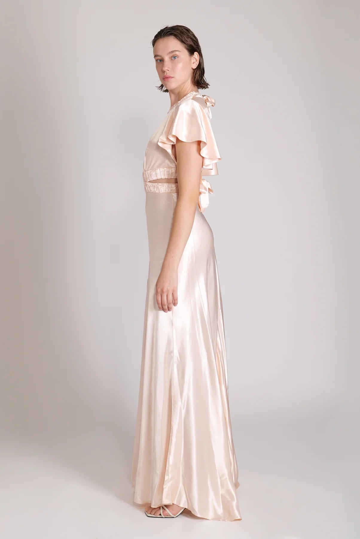 Elegant Satin A line High Neck Flutter Sleeve Back Bow Cutout Floor Length Evening Dress