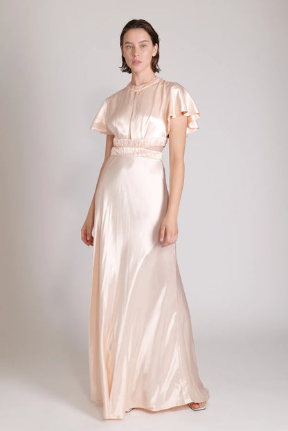 Elegant Satin A line High Neck Flutter Sleeve Back Bow Cutout Floor Length Evening Dress
