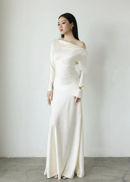 Elegant Satin Asymmetrical Off-Shoulder Long Sleeve Lace-Up Back Floor-Length Evening Dress