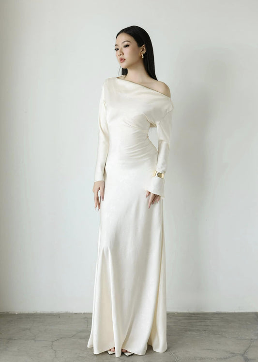 Elegant Satin Asymmetrical Off-Shoulder Long Sleeve Lace-Up Back Floor-Length Evening Dress