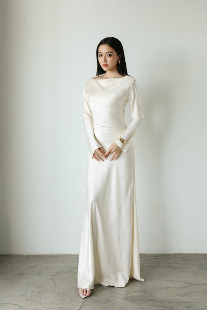 Elegant Satin Asymmetrical Off-Shoulder Long Sleeve Lace-Up Back Floor-Length Evening Dress