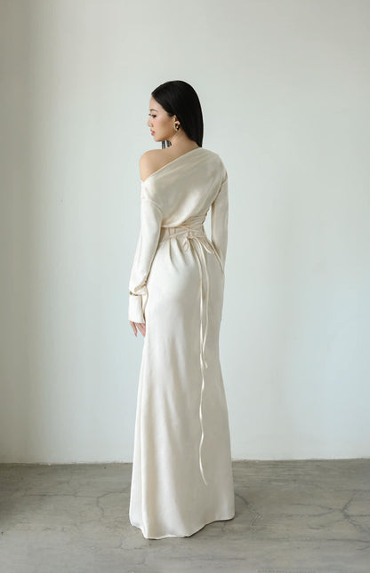 Elegant Satin Asymmetrical Off-Shoulder Long Sleeve Lace-Up Back Floor-Length Evening Dress