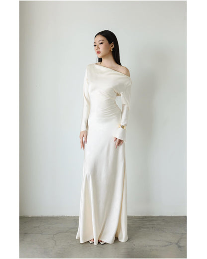 Elegant Satin Asymmetrical Off-Shoulder Long Sleeve Lace-Up Back Floor-Length Evening Dress