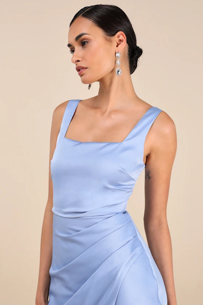 Elegant Satin Evening Dresses with Square Neckline, Ruched Waist Detail, Daring High Slit and Flowing Maxi Silhouette Formal Gown