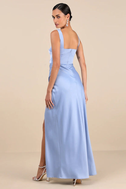 Elegant Satin Evening Dresses with Square Neckline, Ruched Waist Detail, Daring High Slit and Flowing Maxi Silhouette Formal Gown