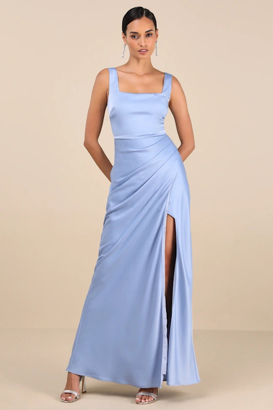 Elegant Satin Evening Dresses with Square Neckline, Ruched Waist Detail, Daring High Slit and Flowing Maxi Silhouette Formal Gown