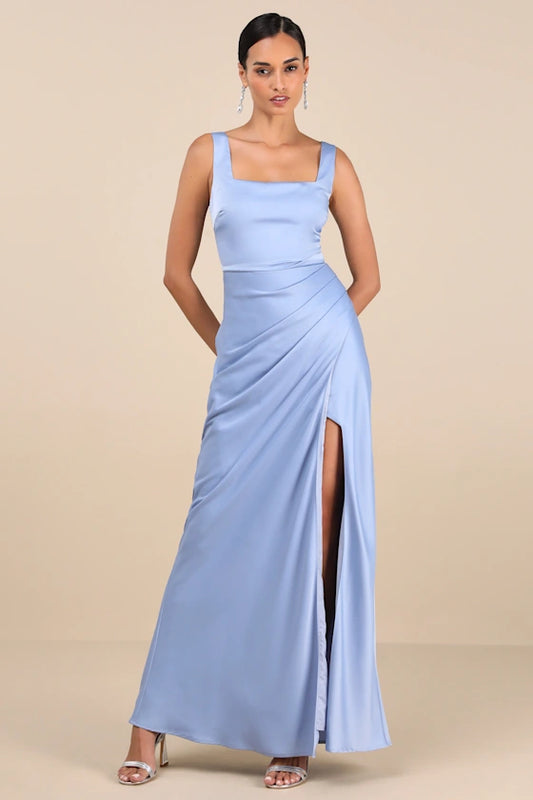 Elegant Satin Evening Dresses with Square Neckline, Ruched Waist Detail, Daring High Slit and Flowing Maxi Silhouette Formal Gown