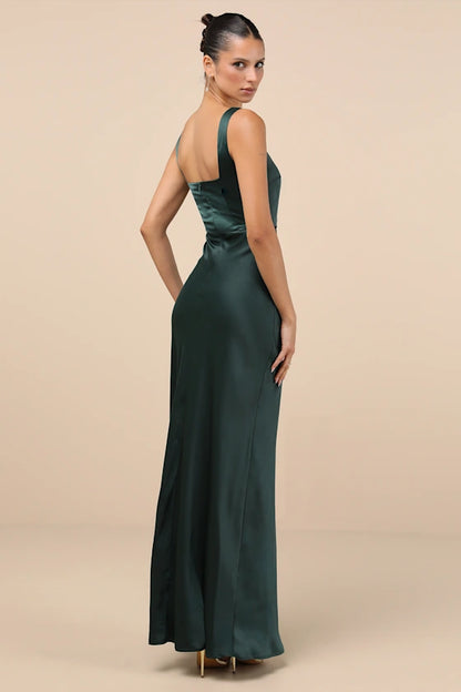 Elegant Satin Evening Dresses with Square Neckline, Ruched Waist Detail, Daring High Slit and Flowing Maxi Silhouette Formal Gown