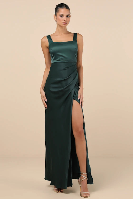Elegant Satin Evening Dresses with Square Neckline, Ruched Waist Detail, Daring High Slit and Flowing Maxi Silhouette Formal Gown