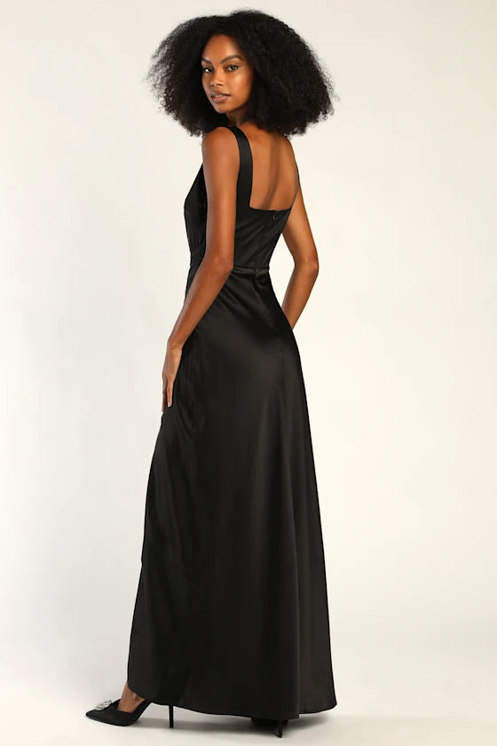 Elegant Satin Evening Dresses with Square Neckline, Ruched Waist Detail, Daring High Slit and Flowing Maxi Silhouette Formal Gown