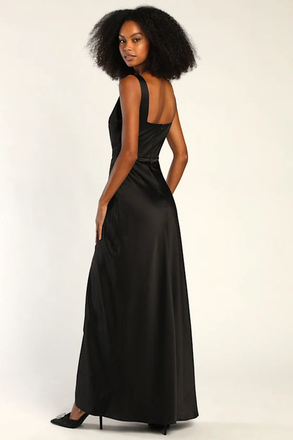 Elegant Satin Evening Dresses with Square Neckline, Ruched Waist Detail, Daring High Slit and Flowing Maxi Silhouette Formal Gown