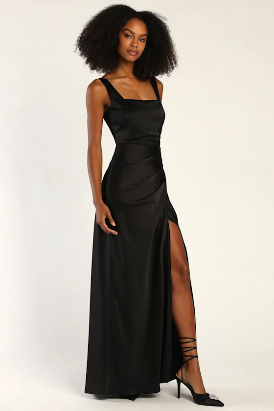 Elegant Satin Evening Dresses with Square Neckline, Ruched Waist Detail, Daring High Slit and Flowing Maxi Silhouette Formal Gown