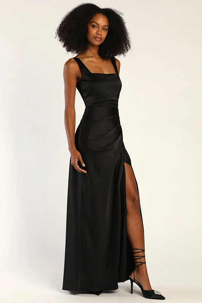 Elegant Satin Evening Dresses with Square Neckline, Ruched Waist Detail, Daring High Slit and Flowing Maxi Silhouette Formal Gown