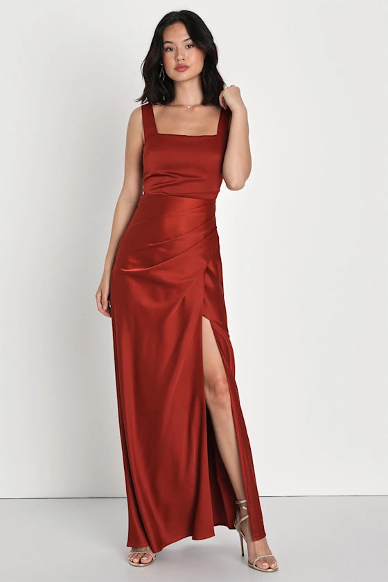 Elegant Satin Evening Dresses with Square Neckline, Ruched Waist Detail, Daring High Slit and Flowing Maxi Silhouette Formal Gown