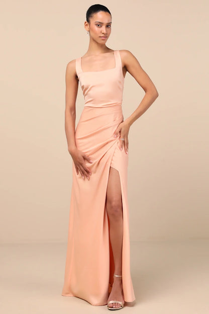 Elegant Satin Evening Dresses with Square Neckline, Ruched Waist Detail, Daring High Slit and Flowing Maxi Silhouette Formal Gown
