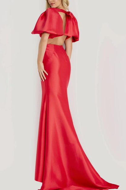 Elegant Satin Mermaid Silhouette Round Neck Puff Sleeve Bow Back Floor-Length Evening Dress with Train for Formal Events