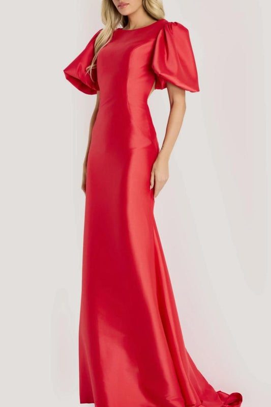 Elegant Satin Mermaid Silhouette Round Neck Puff Sleeve Bow Back Floor-Length Evening Dress with Train for Formal Events