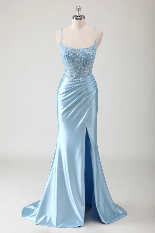 Elegant Satin Mermaid Spaghetti Strap Lace Applique Open Back Floor-Length Formal Evening Dresses