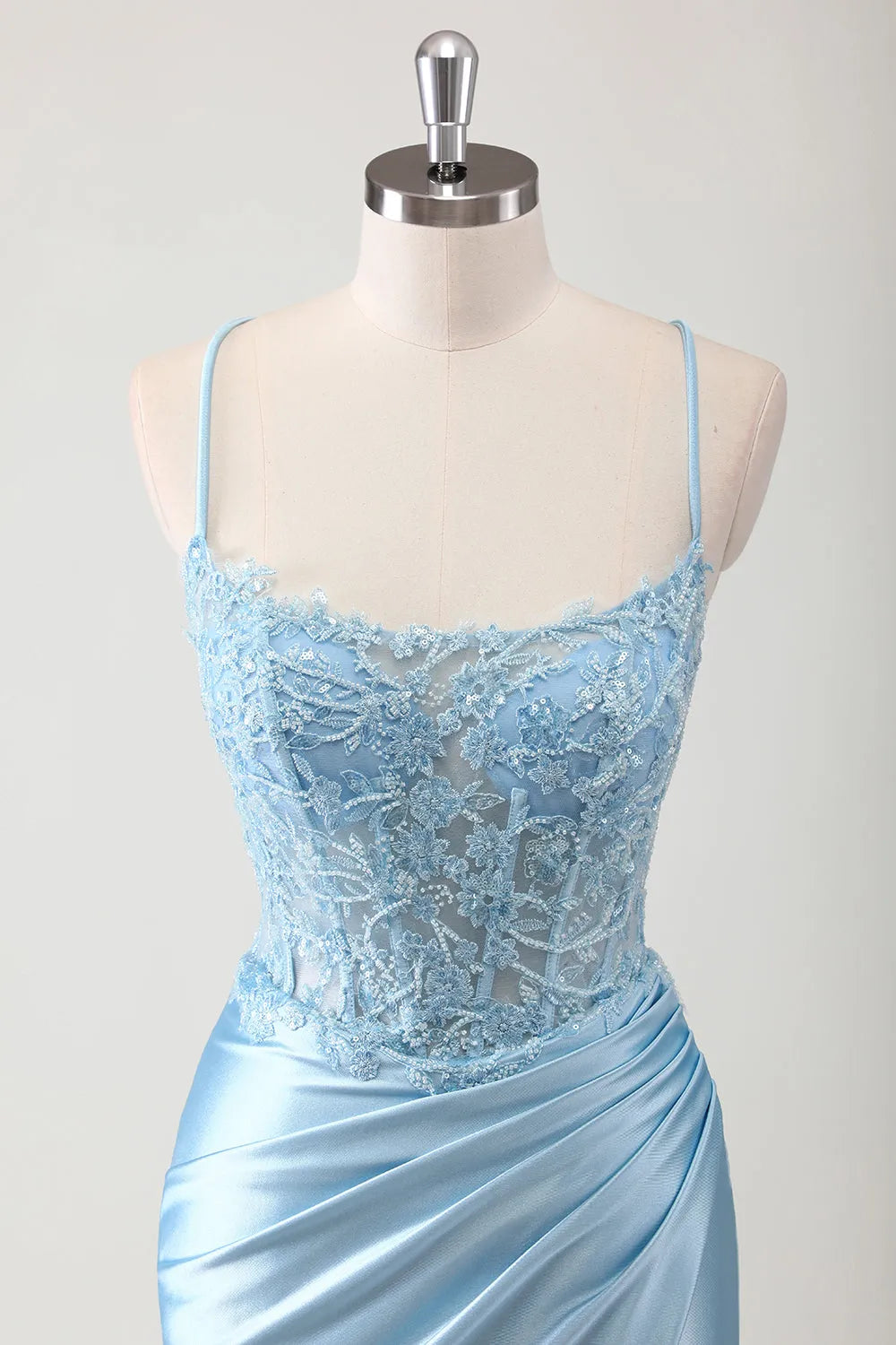 Elegant Satin Mermaid Spaghetti Strap Lace Applique Open Back Floor-Length Formal Evening Dresses