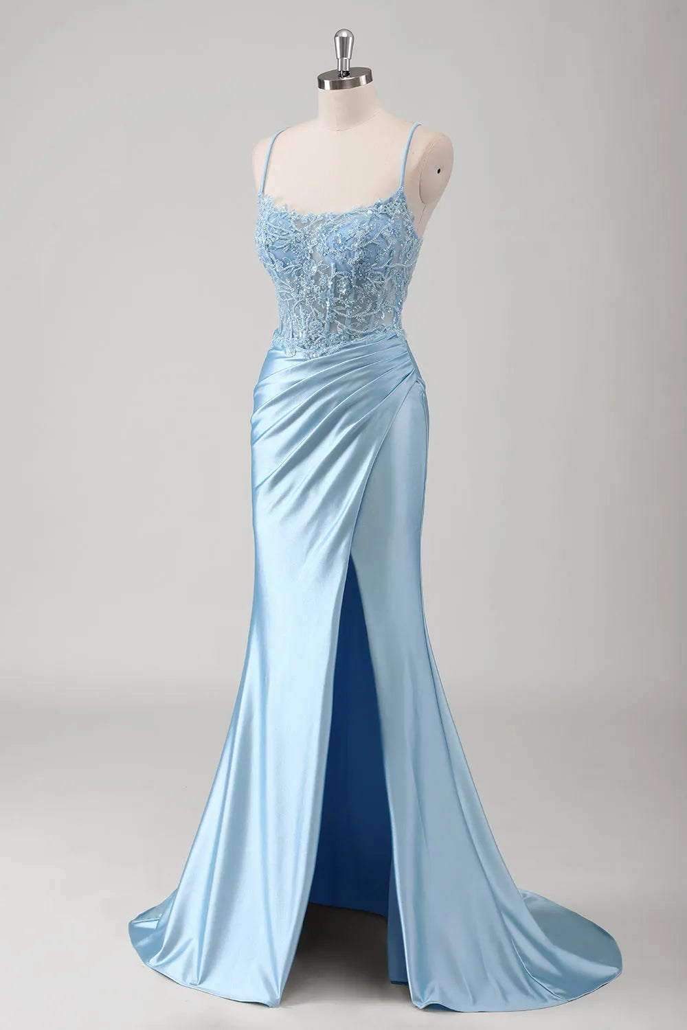 Elegant Satin Mermaid Spaghetti Strap Lace Applique Open Back Floor-Length Formal Evening Dresses