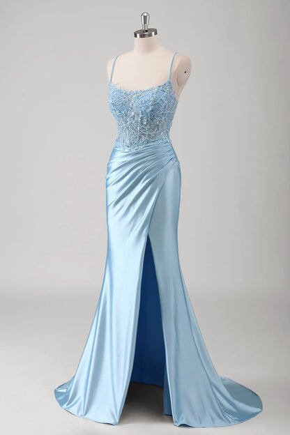 Elegant Satin Mermaid Spaghetti Strap Lace Applique Open Back Floor-Length Formal Evening Dresses