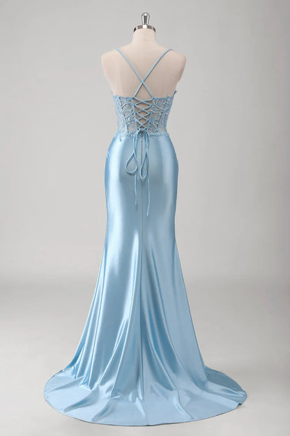 Elegant Satin Mermaid Spaghetti Strap Lace Applique Open Back Floor-Length Formal Evening Dresses